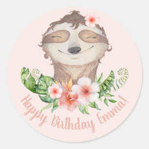Cute sloth personalized happy birthday classic round sticker
