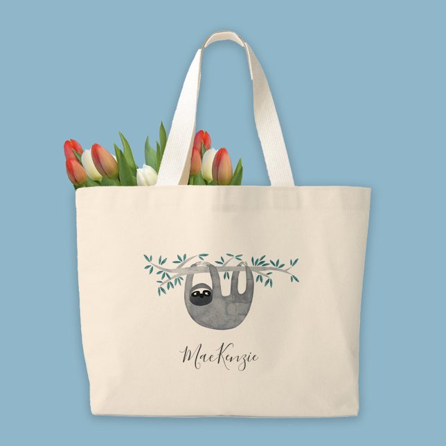 Cute Sloth Personalized Large Tote Bag (Watercolor cute sloth with modern script name personalized large tote bag)