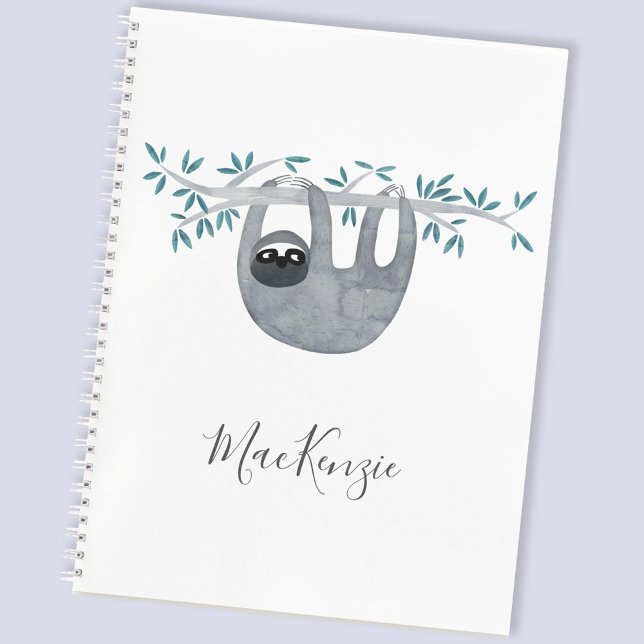 Cute Sloth Personalized Notebook (Watercolor sloth personalized custom name notebook with choice of paper for the interior)