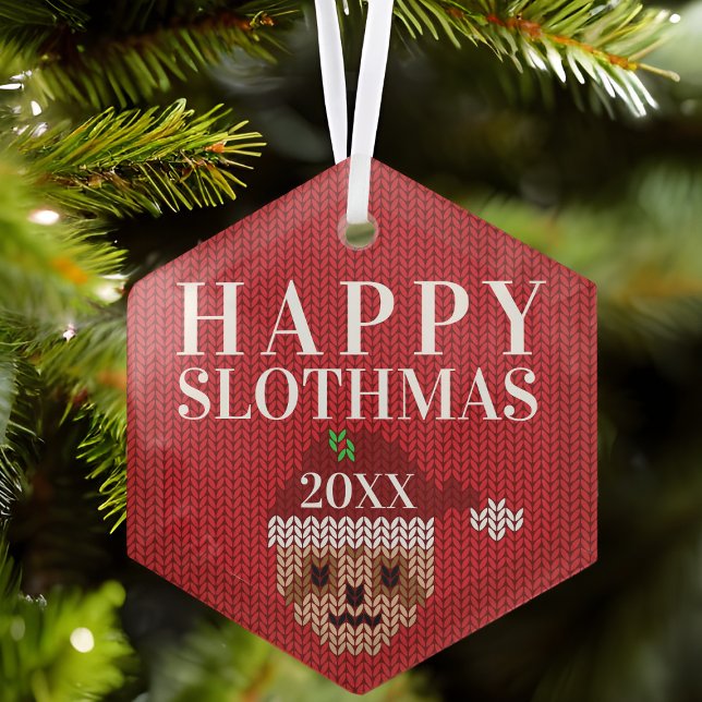 Cute Sloth Personalized Year Happy Slothmas Red Glass Ornament (Tis the season to be a sloth. Add a year and hang it high!)