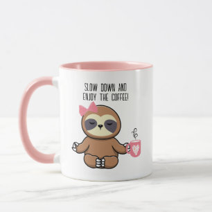 Cute Sloth, Pink Bow, 'Slow Down And Enjoy Coffee' Mug