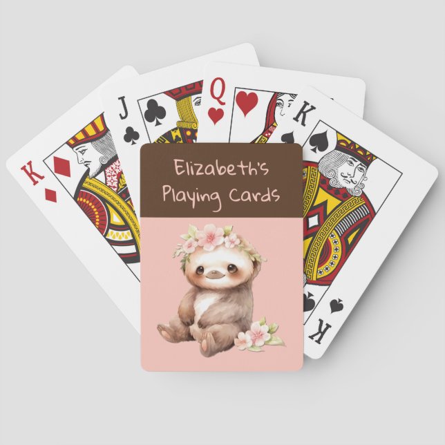 Cute sloth pink brown kids poker cards (Back)