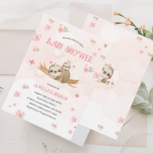 Cute Sloth pink flowers baby shower watercolor Inv Invitation