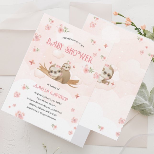 Cute Sloth pink flowers baby shower watercolor Inv Invitation (Creator Uploaded)
