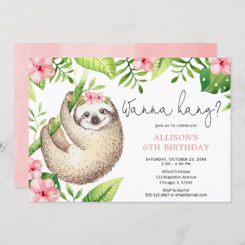 Cute sloth pink green leaves girl birthday party invitation