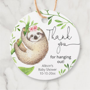 Cute sloth pink greenery green leaves favor tags