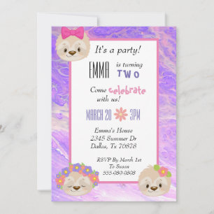 Cute Sloth Pink Purple Child's Birthday Invitation