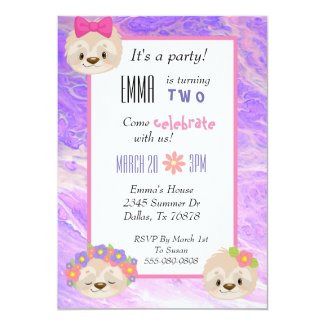 Cute Sloth Pink Purple Child's Birthday Invitation