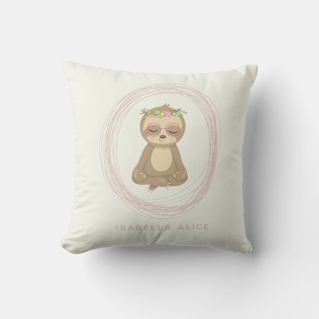 Cute Sloth Pink Zen Yoga Lotus Art Personalized Throw Pillow (Front)
