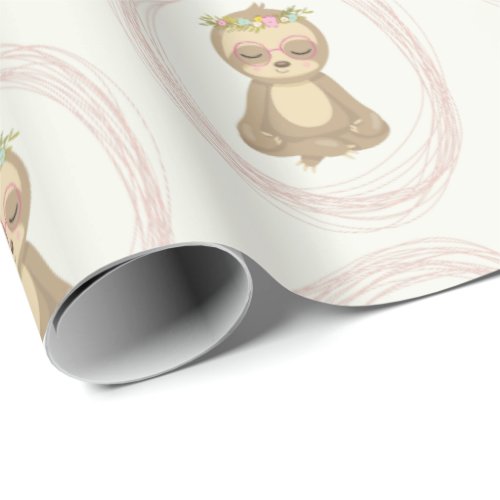 Cute Sloth Pink Zen Yoga Lotus Drawing Pattern Wrapping Paper