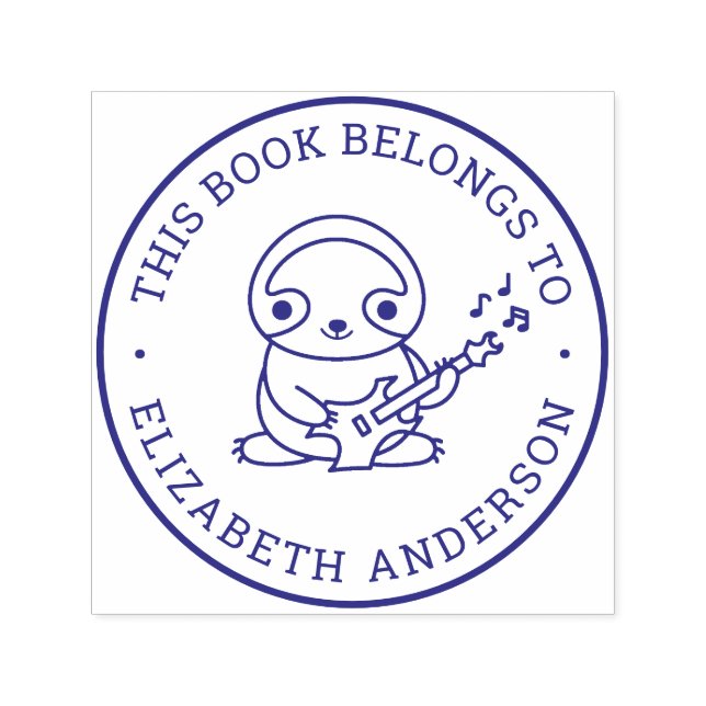 Cute Sloth Play Guitar Custom Name School Book Self-inking Stamp (Design)
