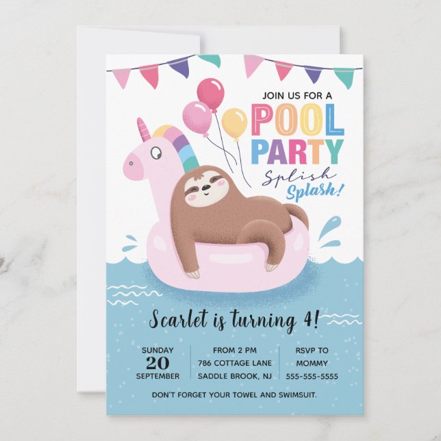 Cute Sloth Pool Party Birthday Invitation (Front)