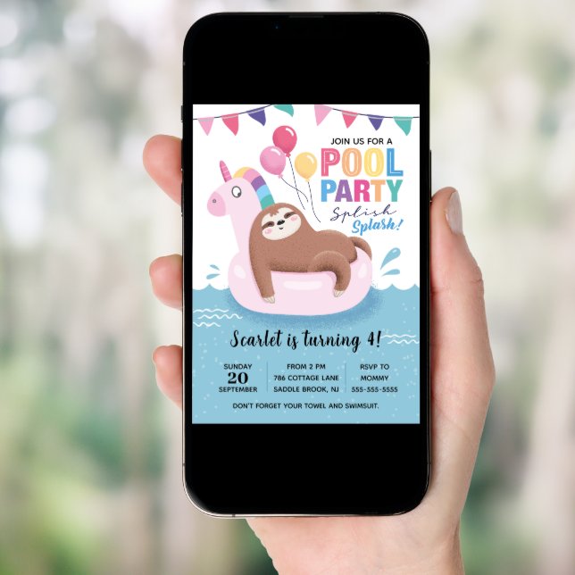 Cute Sloth Pool Party Birthday Invitation (Front Digital)