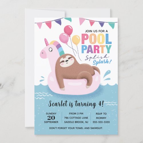Cute Sloth Pool Party Birthday Invitation