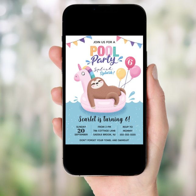 Cute Sloth Pool Party Birthday Invitation (Front Digital)