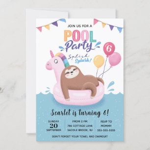 Cute Sloth Pool Party Birthday Invitation