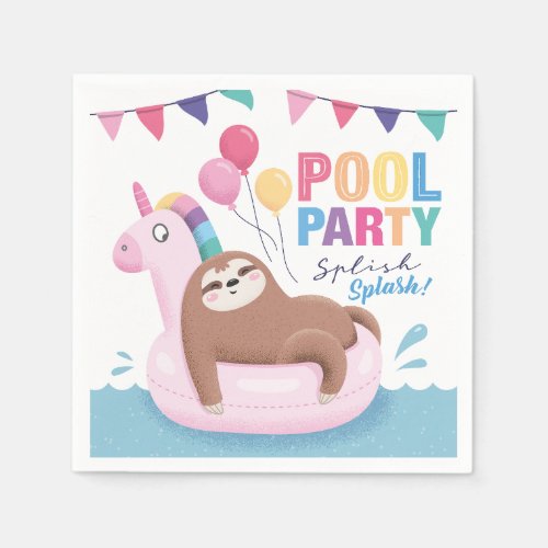 Cute Sloth Pool Party Birthday Napkins