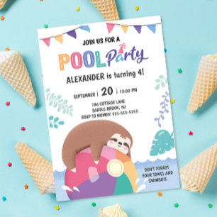 Cute Sloth Pool Party Boy Girl Birthday Invitation