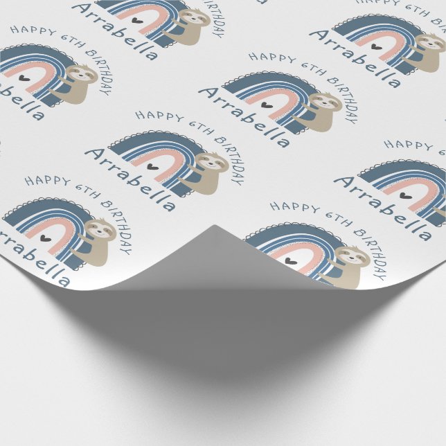 Cute Sloth Rainbow Girl's 6th Birthday Wrapping Paper (Corner)