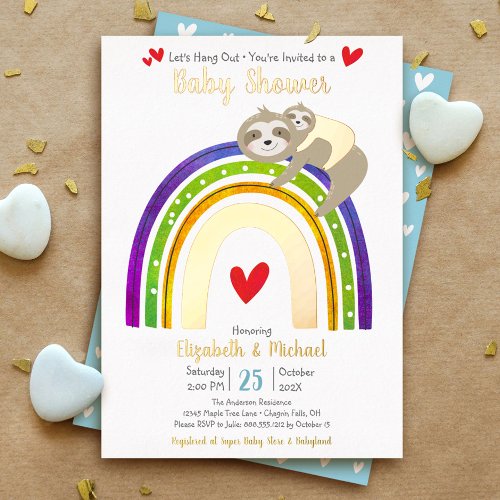 Cute Sloth Rainbow Heart Boy Baby Shower Real Gold Foil Invitation