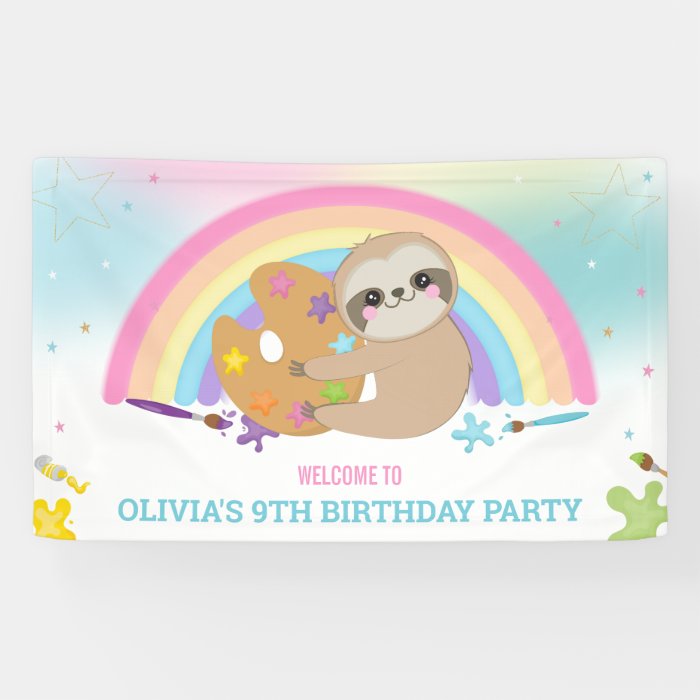  Cute Sloth Rainbow Paint Art Birthday Backdrop   Banner