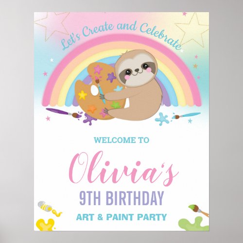  Cute Sloth Rainbow Paint Art Birthday Welcome Poster