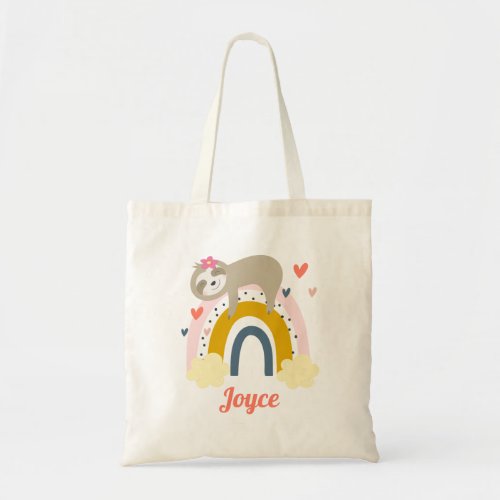 Cute Sloth Rainbow Personalize Name Girl Tote Bag