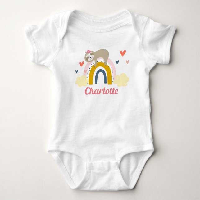 Cute Sloth Rainbow Pink Personalise Name Girl Baby Bodysuit (Front)