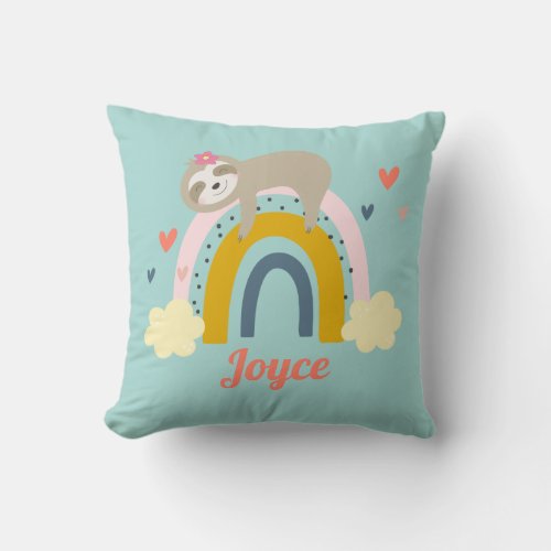 Cute Sloth Rainbow Pink Turquoise Personalise Name Throw Pillow