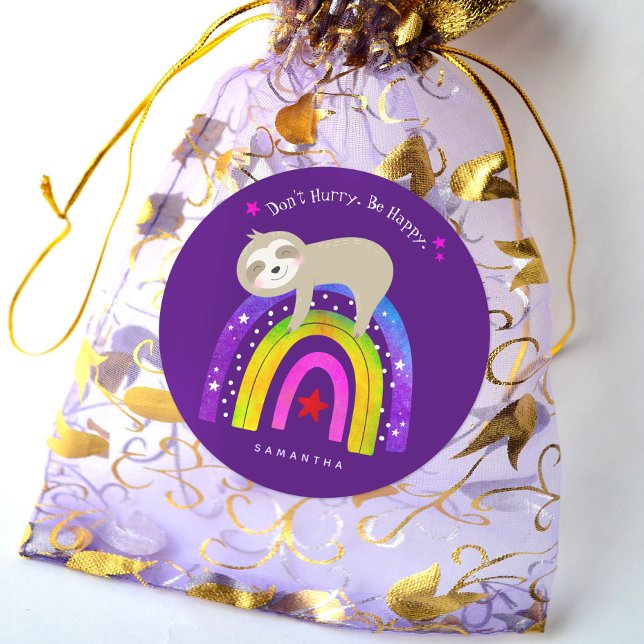 Cute Sloth Rainbow Purple Don’t Hurry Be Happy Classic Round Sticker (Creator Uploaded)