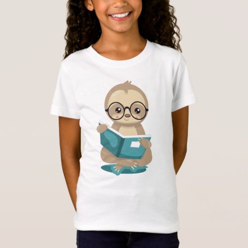 Cute Sloth Reader School Book Lover with Glasses T_Shirt