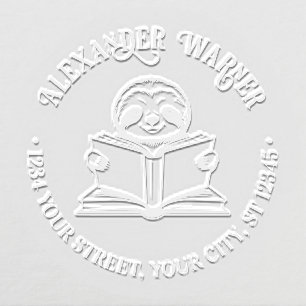 Cute Sloth Reading Book #1 Name Return Address Embosser