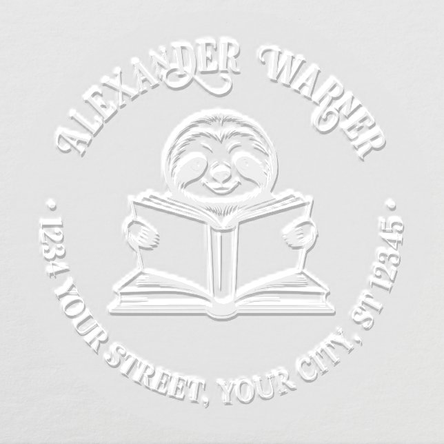 Cute Sloth Reading Book #1 Name Return Address Embosser (Design)