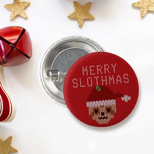 Cute Sloth Red Merry Slothmas Christmas Button (Tis the season to be a sloth! Celebrate by wearing this cute button! Merry Slothmas!)