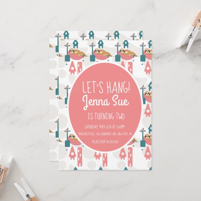 Cute Sloth Relaxing Birthday Party Pink Invitation (Front/Back In Situ)