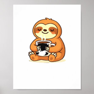 Cute Sloth Relaxing with Hot Coffee Premium T-Shir Poster