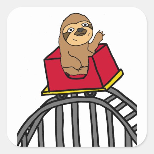 Cute Sloth Riding Roller Coaster Cartoon Square Sticker