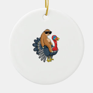 Cute Sloth Riding Turkey Funny Thanksgiving Humor Ceramic Ornament