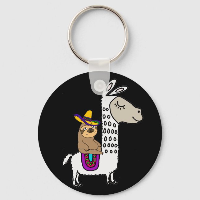 Cute Sloth Riding White Llama Keychain (Front)