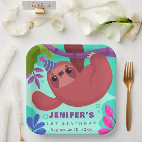 Cute Sloth Safari Gender Neutral 1st Birthday Paper Plates