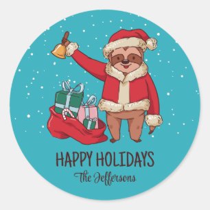 Cute Sloth Santa Christmas Snowy Winter Holiday Classic Round Sticker