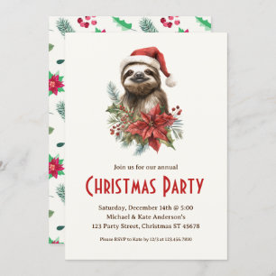 Cute Sloth Santa Hat Poinsettias Christmas Party Invitation