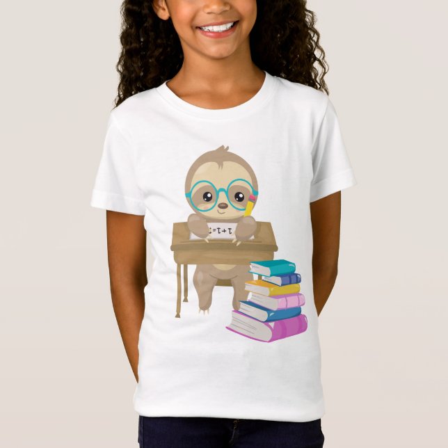 Cute Sloth School Desk Math Writing Reading Books T-Shirt (Front)
