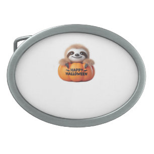 Cute Sloth sitting in a Pumpkin. Text Happy Hallow Belt Buckle