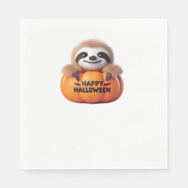 Cute Sloth sitting in a Pumpkin. Text Happy Hallow Napkins (Front)