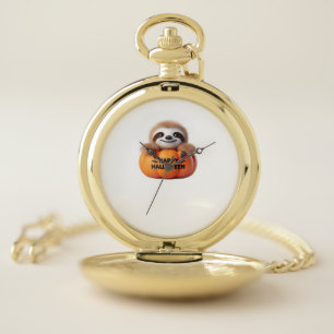 Cute Sloth sitting in a Pumpkin. Text Happy Hallow Pocket Watch