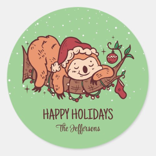 Cute Sloth Sleeping Christmas Snowy Winter Holiday Classic Round Sticker