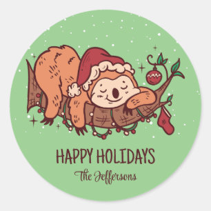 Cute Sloth Sleeping Christmas Snowy Winter Holiday Classic Round Sticker
