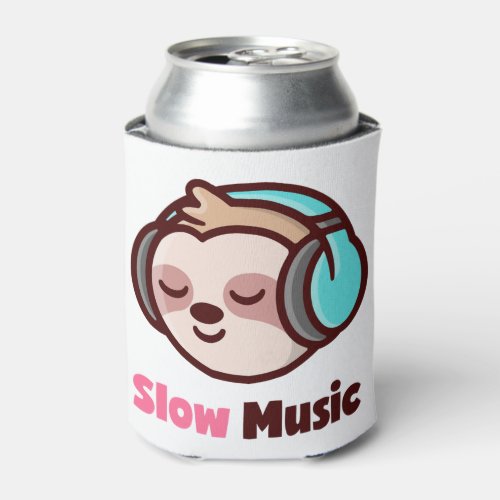 Cute sloth smiling and listening to music with hea can cooler