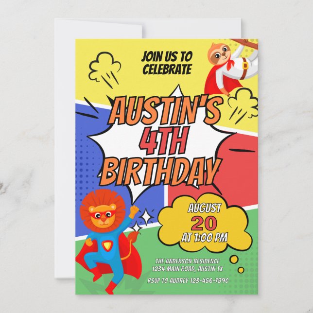 Cute Sloth Superhero Birthday Party Invitation (Front)